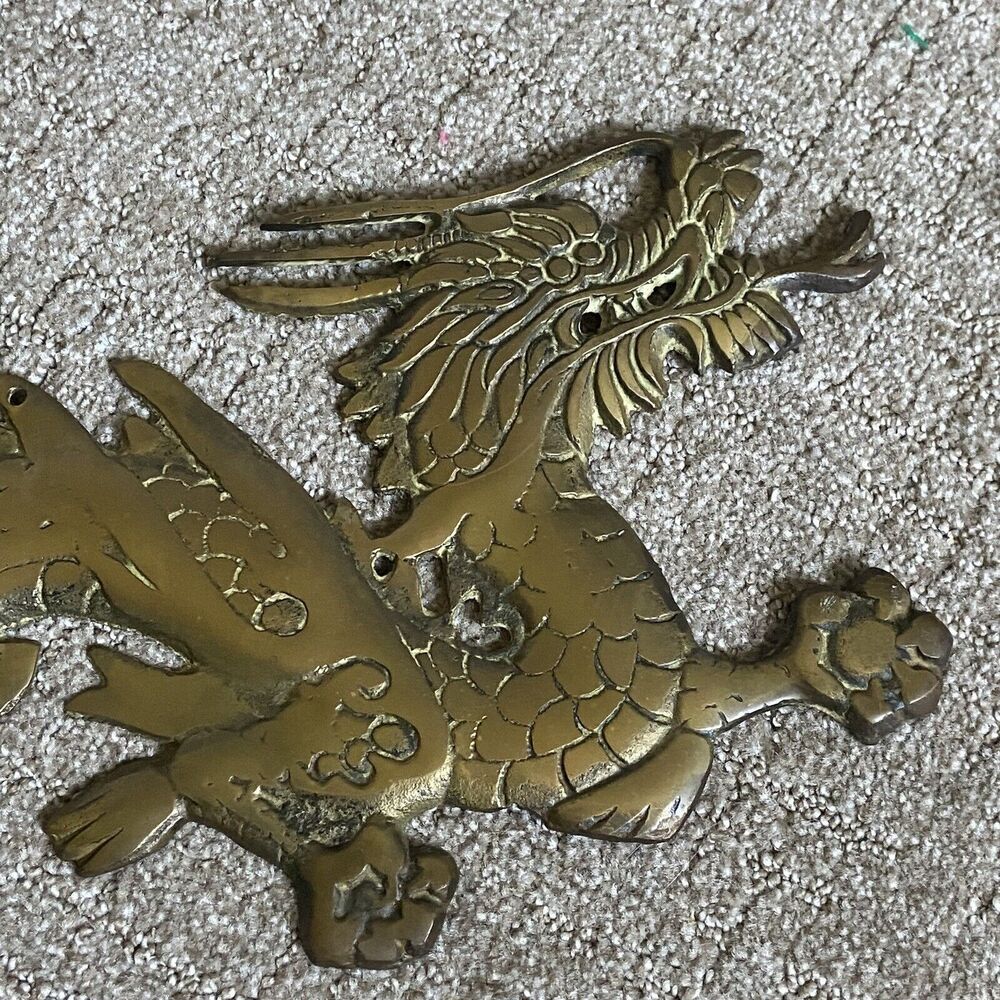 Vintage Brass Wall Hanging Dragon Figure 7”22” Long mid centry modern - Picture 3 of 11